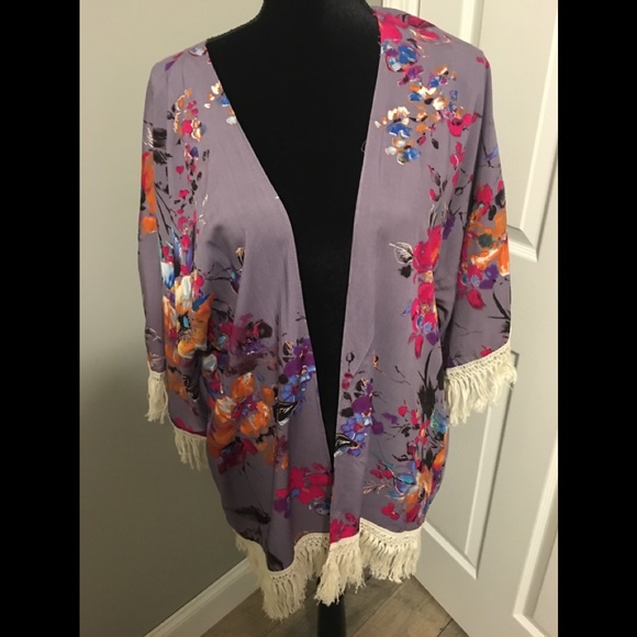 Watercolor Floral Kimono With Fringe - Picture 2 of 3